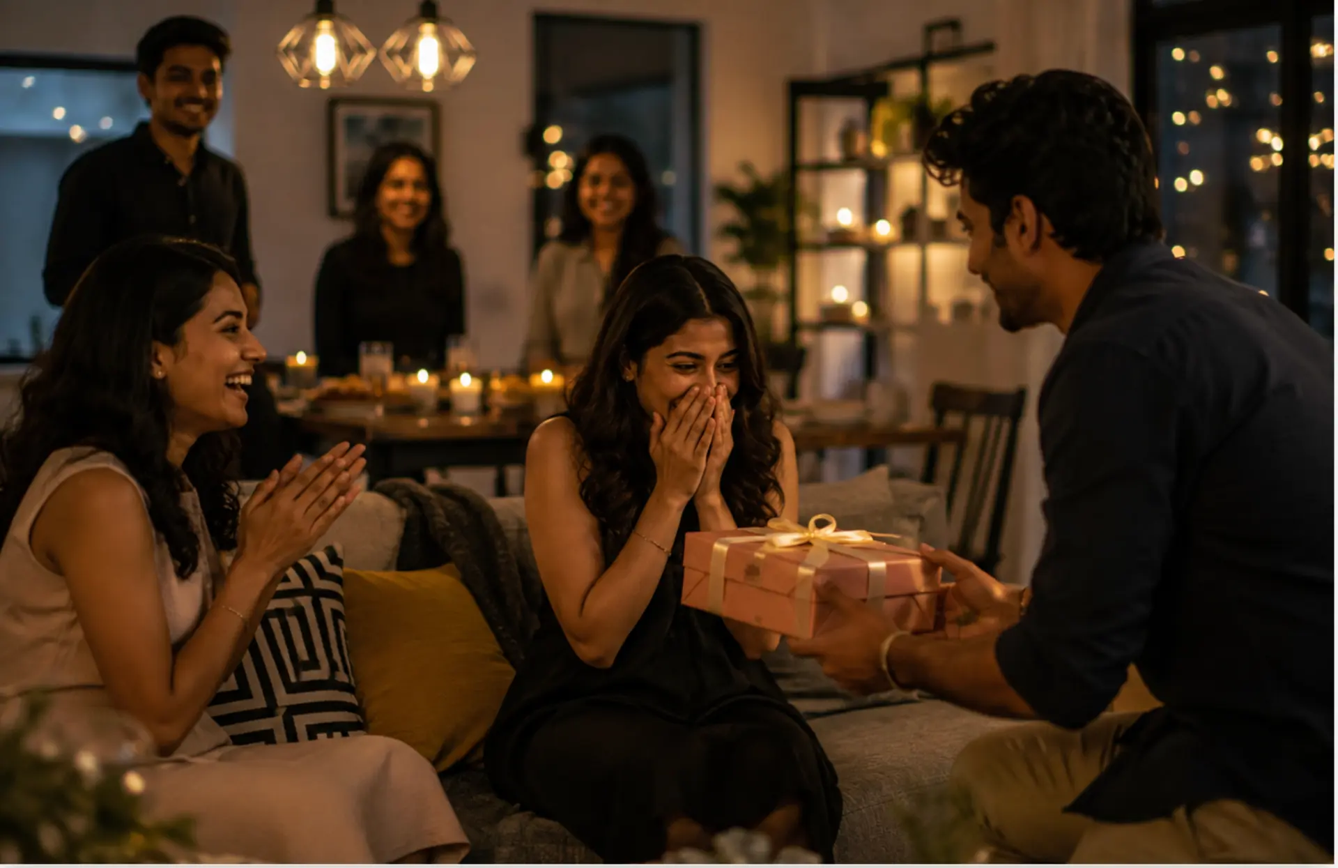 Friends celebrating together at a warmly lit evening gathering with a surprise gift.