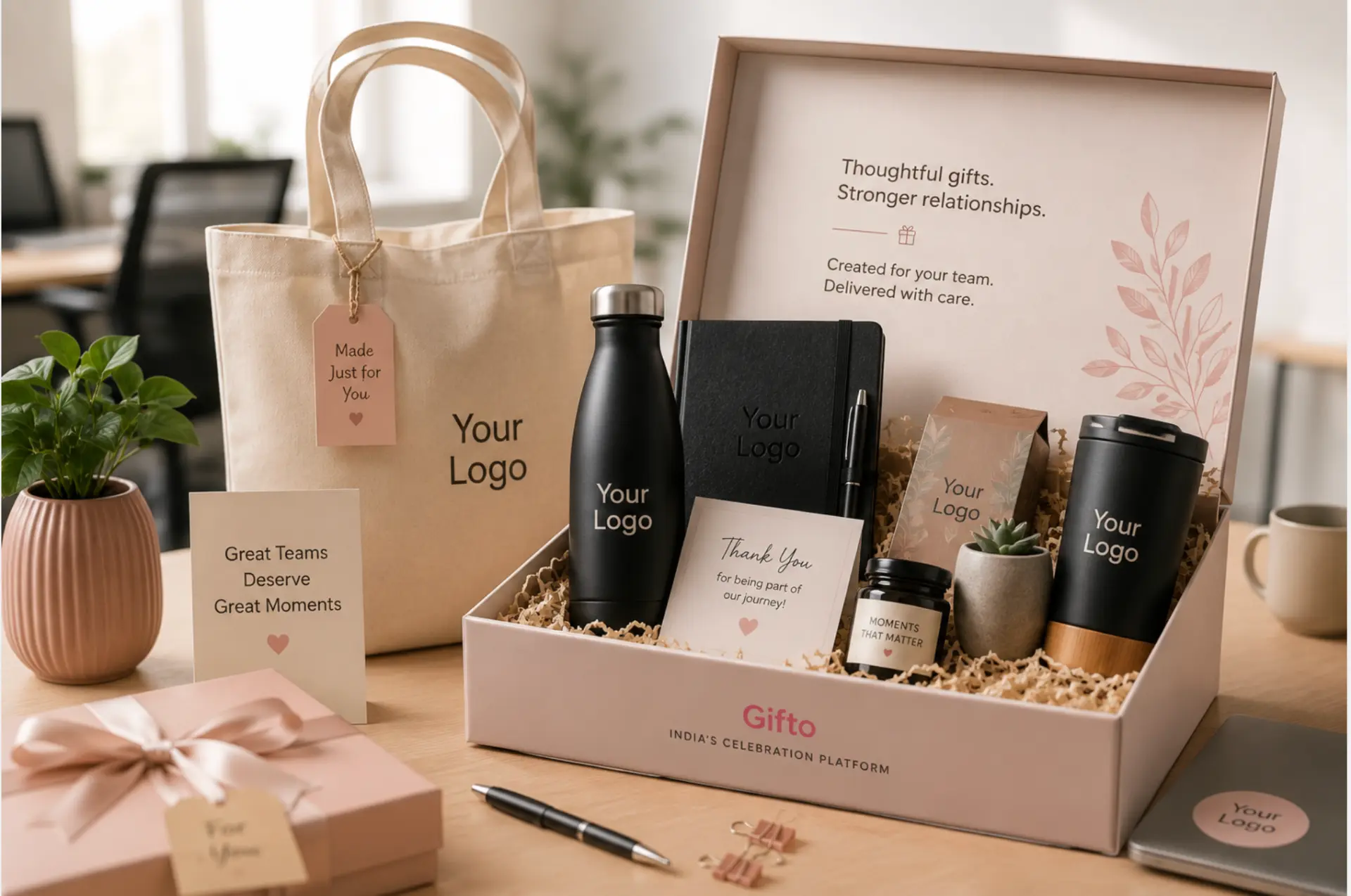 Corporate gift hamper with branded tote bag, notebook, water bottle, and welcome cards on a desk.